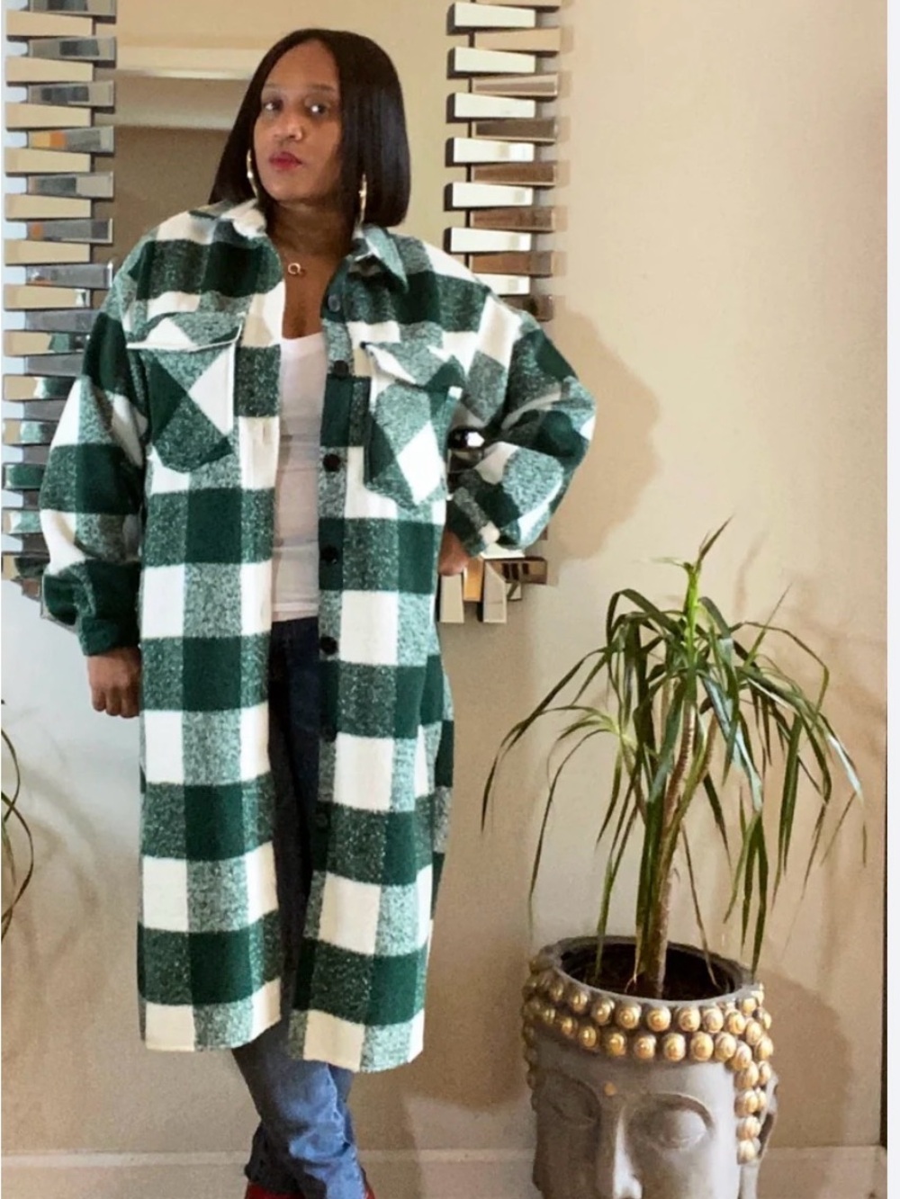 Zara Green and White Buffalo Check Long Shacket - Picture 2 of 14